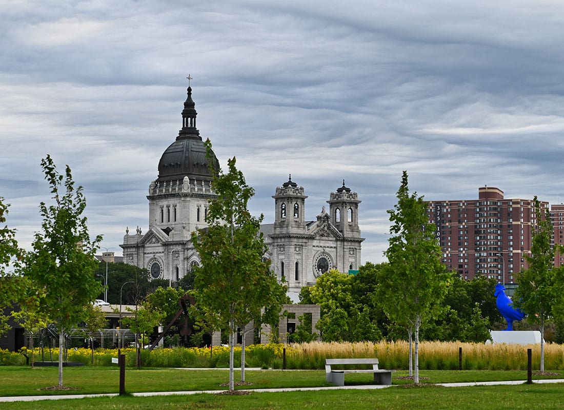 St Paul, MN - View of Cathedral Towers from Art Park in Downtown St Paul Minnesota